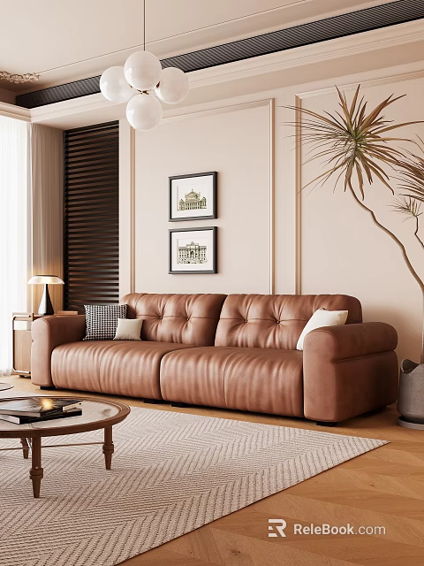 Modern Living Room Interior With Brown Leather Sofa Throw Pillows Framed Paintings And Floor Lamp 3d model 