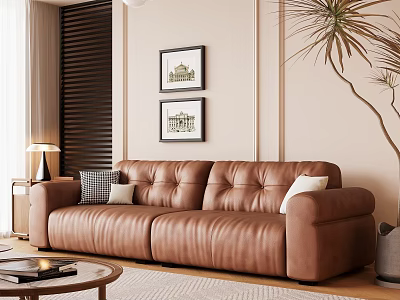 Modern Living Room Interior With Brown Leather Sofa Throw Pillows Framed Paintings And Floor Lamp 3d model