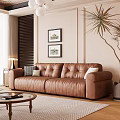 Modern Living Room Interior With Brown Leather Sofa Throw Pillows Framed Paintings And Floor Lamp