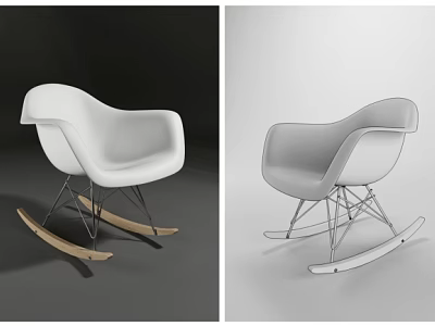 Modern Leisure Rocking Chair in White and Light Gray with Wooden Base and Metal Frame 3d model