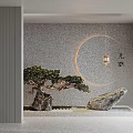 Karesansui Interior Design With Circular Moon Decoration Lantern Pine Tree And Rocks 3d model