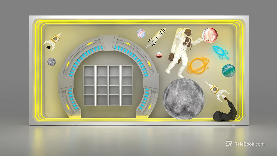 Creative Space Themed Display With Astronaut Planets Rocket Moon And Decorative Elements 3d model 