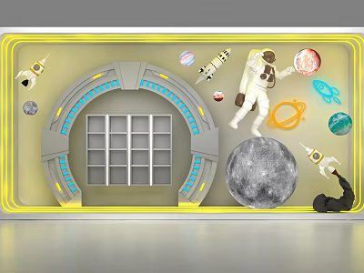 Creative Space Themed Display With Astronaut Planets Rocket Moon And Decorative Elements 3d model