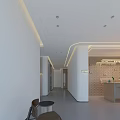 Modern Store Front Desk Reception Area With Seating Chairs Pendant Lights And Textured Wall