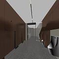 Modern Commercial Public Restroom With Mirrors Pedestal Sinks And Soft Ambient Indoor Lighting Design