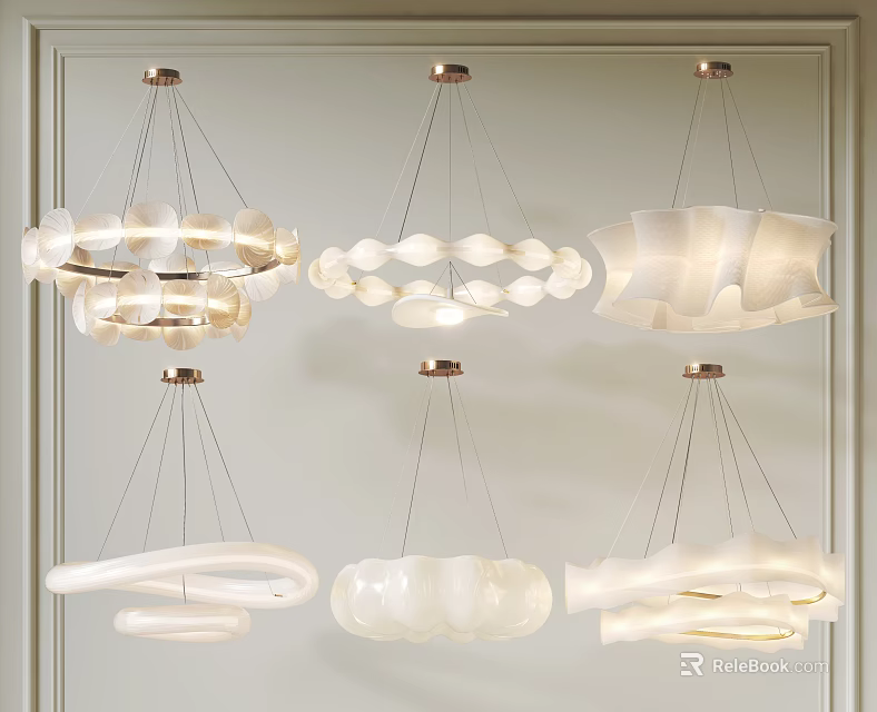 Modern White Chandelier Collection With Unique Curved And Wave Shaped Designs 3d model 