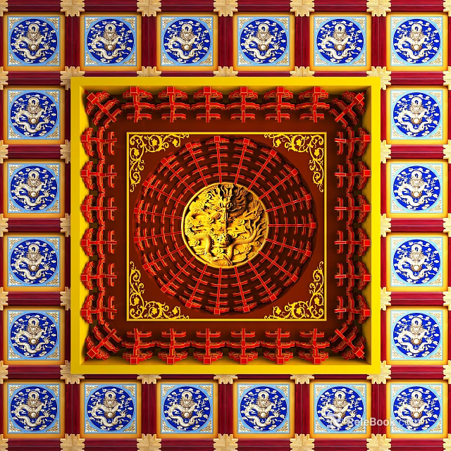 Ancient Architecture Ceiling With Intricate Red Brackets Golden Dragon Pattern Blue Yellow Decorations 3d model