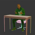 A Man Sitting At Wooden Table Gesturing In Green Jacket Black Scarf And Red Shoes