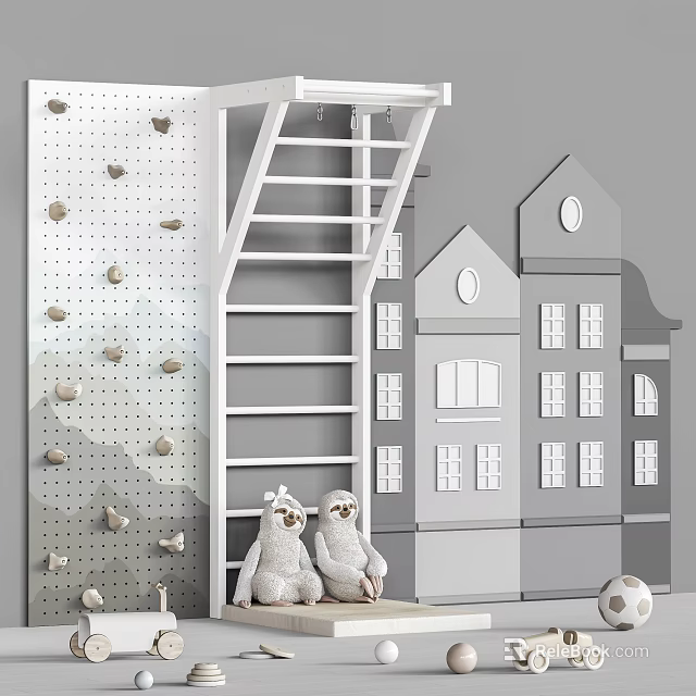 Kids Playroom With Rock Climbing Wall White Ladder House Shaped Wall And Sloth Plush 3d model 