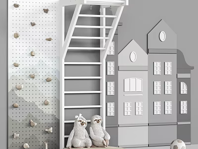 Kids Playroom With Rock Climbing Wall White Ladder House Shaped Wall And Sloth Plush 3d model