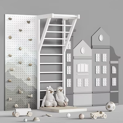 Kids Playroom With Rock Climbing Wall White Ladder House Shaped Wall And Sloth Plush 3d model