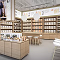 Modern Supermarket Department Store Interior With Neat Shelves Various Products Wooden Counters And Stools