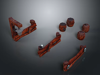 Vintage Wooden Scene Components With Long Bars Cylindrical Blocks And Holes 3d model