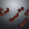 Vintage Wooden Scene Components With Long Bars Cylindrical Blocks And Holes