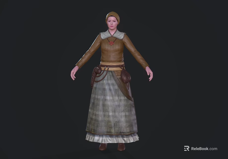 Woman Wearing Brown Long Sleeve Top With Red Accent And Plaid Skirt In Rustic Vintage Style Look 3d model 