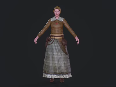 Woman Wearing Brown Long Sleeve Top With Red Accent And Plaid Skirt In Rustic Vintage Style Look 3d model