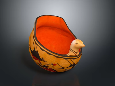 Traditional Decorative Bowl With Orange Interior And Black Red Landscape Patterns And Small Duck Ornament 3d model