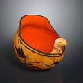 Traditional Decorative Bowl With Orange Interior And Black Red Landscape Patterns And Small Duck Ornament