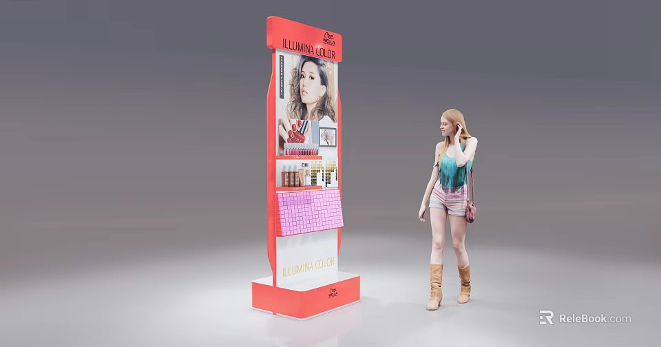 Red Luxury Cosmetics Display Shelf With Product Showcases And Woman Looking At Items 3d model 