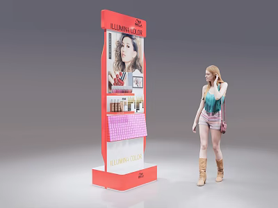 Red Luxury Cosmetics Display Shelf With Product Showcases And Woman Looking At Items 3d model