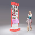 Red Luxury Cosmetics Display Shelf With Product Showcases And Woman Looking At Items