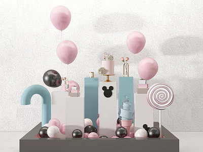 Inflatable Party Decorations with Pink Balloons Cake Mickey Lollipop Columns and Balls 3d model