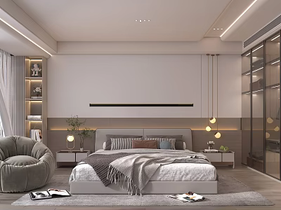 Modern Bedroom Interior With Comfortable Bed Gray Armchair Green Plant Glass Wardrobe And Recessed Lighting 3d model