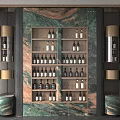 Stylish Wine Cabinet With Green Marble Backdrop And Multiple Shelves For Wine Bottles And Glasses