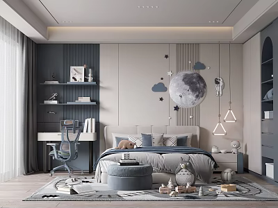 Kids Room Interior Design With Moon Decor Astronaut Toys Study Desk And Bookshelf 3d model