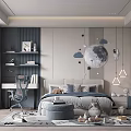 Kids Room Interior Design With Moon Decor Astronaut Toys Study Desk And Bookshelf