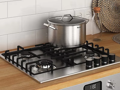Stainless Steel Pot On Gas Stove In Kitchen 3d model