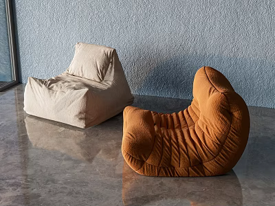 Light Colored and Orange Bean Bag Chairs in Modern Room with Smooth Floor 3d model