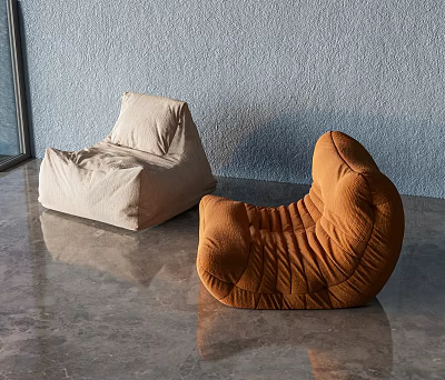 Light Colored and Orange Bean Bag Chairs in Modern Room with Smooth Floor 3d model