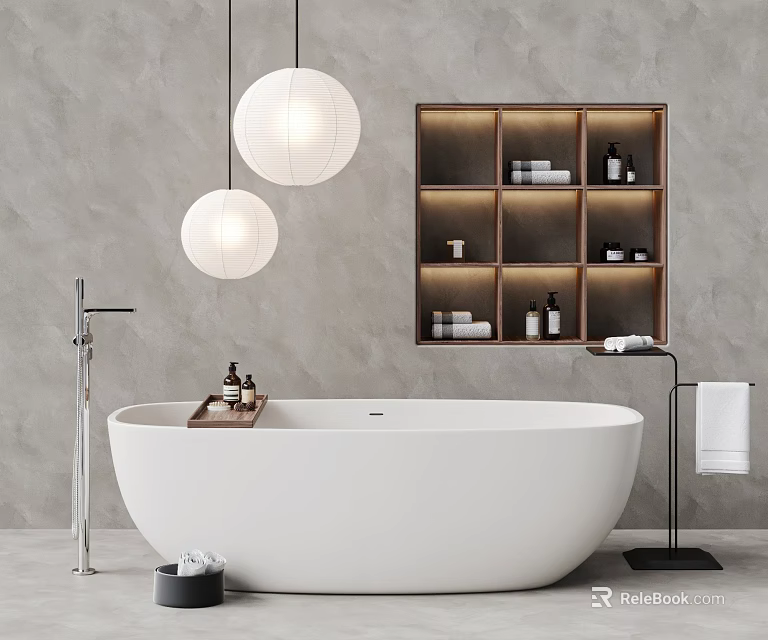 Minimalist White Bathtub With Modern Faucet Open Wooden Shelf Towels And Pendant Lights 3d model 