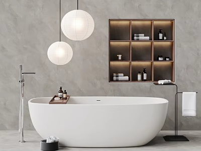 Minimalist White Bathtub With Modern Faucet Open Wooden Shelf Towels And Pendant Lights 3d model