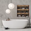 Minimalist White Bathtub With Modern Faucet Open Wooden Shelf Towels And Pendant Lights