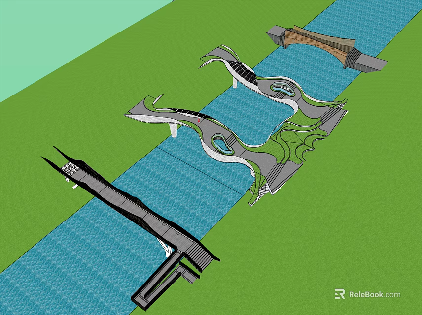 Multiple Landscape Bridges With Modern Curved Designs Spanning Blue Water Surface And Green Areas 3d model 