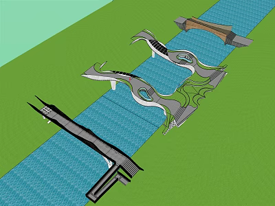 Multiple Landscape Bridges With Modern Curved Designs Spanning Blue Water Surface And Green Areas 3d model