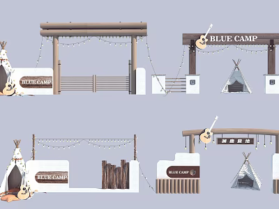 Camping Entrance Gate with Wooden Structure String Lights Tepee Tents and Guitar Decor 3d model