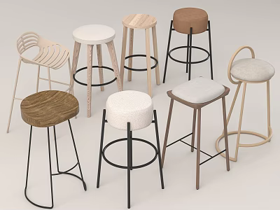 Assorted Modern Bar Stools With Wooden Seats Metal Frames And Fabric Cushions 3d model