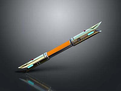 Futuristic Metallic Sword With Orange Handle Sharp Blades And Decorative Red Accents 3d model