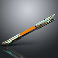 Futuristic Metallic Sword With Orange Handle Sharp Blades And Decorative Red Accents
