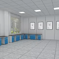 Modern Laboratory Interior With White Walls Blue Lines Blue Benches And White Tiled Floor