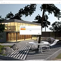 Modern Single Family House with Glass Walls Tree Surrounded Featuring Outdoor Patio and White Furniture