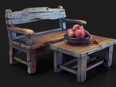 Rustic Wooden Outdoor Sofa With Side Table And Bowl Of Pomegranates 3d model
