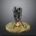 Campfire With Burning Wood Flames Smoke Stones On Circular Base