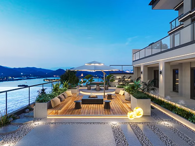 Modern Garden Landscape With Outdoor Terrace Wooden Deck Sofa Umbrella Water View And Mountain Backdrop 3d model