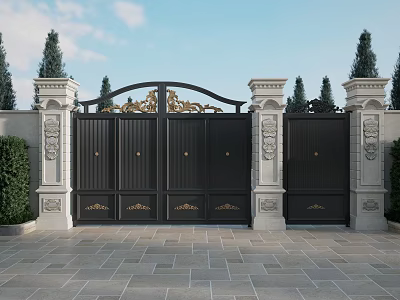 Elegant Black Gate With Gold Decorations And Carved Stone Pillars Surrounded By Green Plants 3d model