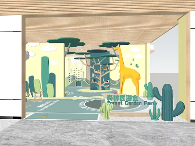 Cartoon Style Garden Landscape With Giraffe Cactus Tree Pathway and Lawn 3d model