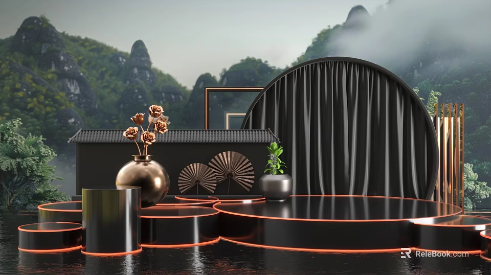 Commercial Display Equipment With Black Tiered Platforms Arched Backdrop And Decorative Elements 3d model 